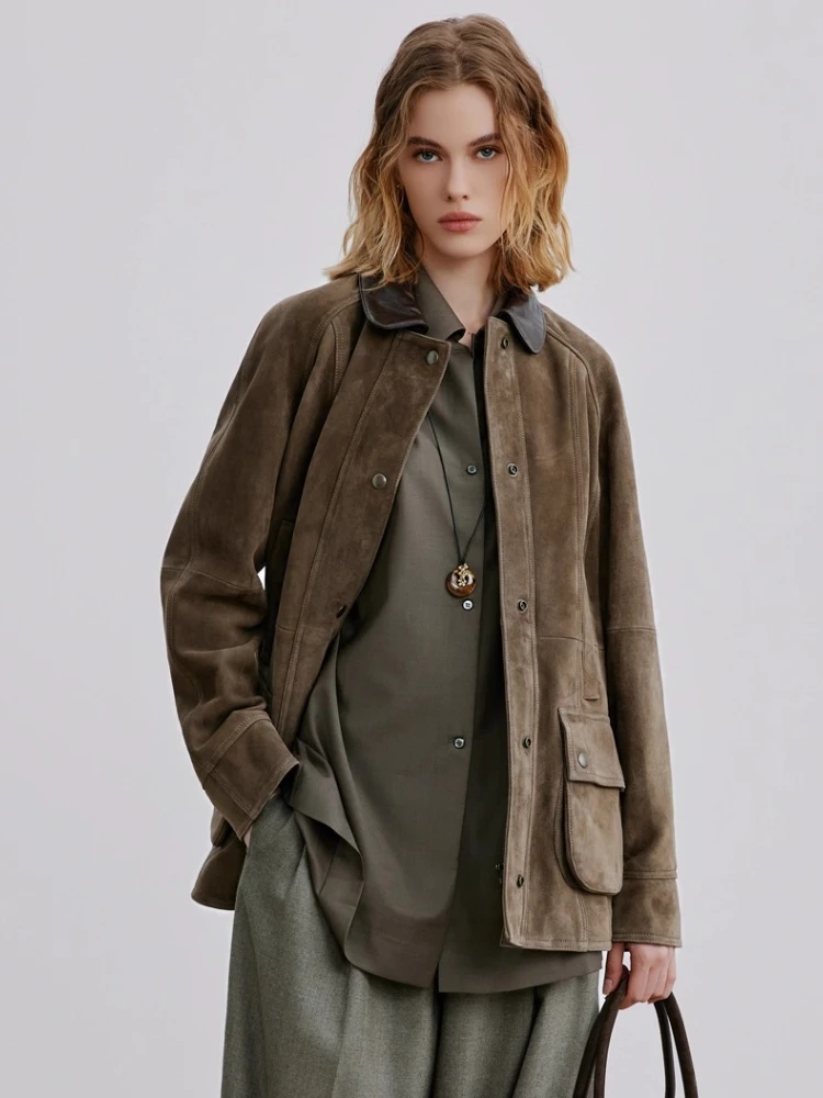 Giacche cargo vintage classiche in vera pelle per donna Autunno Inverno 2025 Nuovo cappotto in vera pelle scamosciata di montone sottile semplice di fascia alta