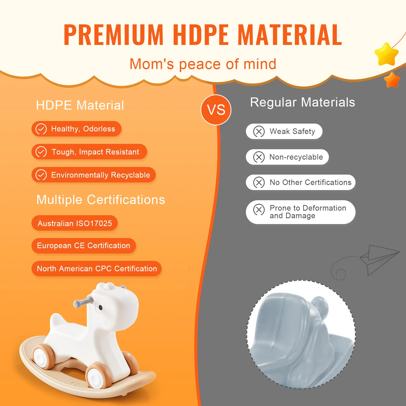 VEVOR 3 in 1 HDPE Rocking Horse for Toddlers 1-3 Years Baby Rocking Horse with Detachable Balance Board and 4 Smooth Wheels