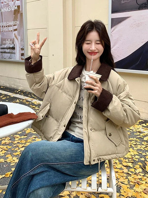 Veste d'hiver en duvet pour femme i Color Blo ort, style décontracté, petite taille, vêtement d'extérieur à cordon, blanc, duvet chaud