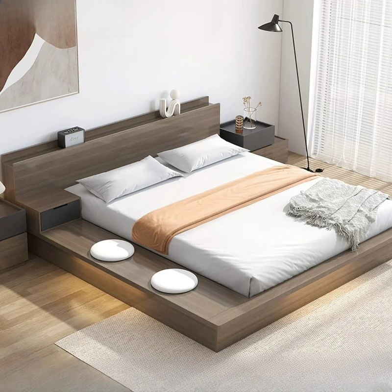 Minimalist Tatami Bed Frame Modern Wooden Side Storage Shelves Bed King Size Headboard Bedroom Letto Matrimoniale Home Furniture