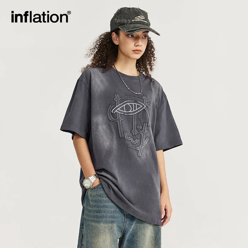 INFLATION Streetwear Acid Washed Patch Embroidery Tees Unisex Cotton Oversize Tshirt