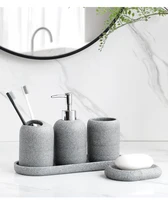 5Pcs Bathroom Accessories set Lotion Dispenser Toothbrush Holder Tray Tumbler Cup Soap Dish Beige and Grey 15
