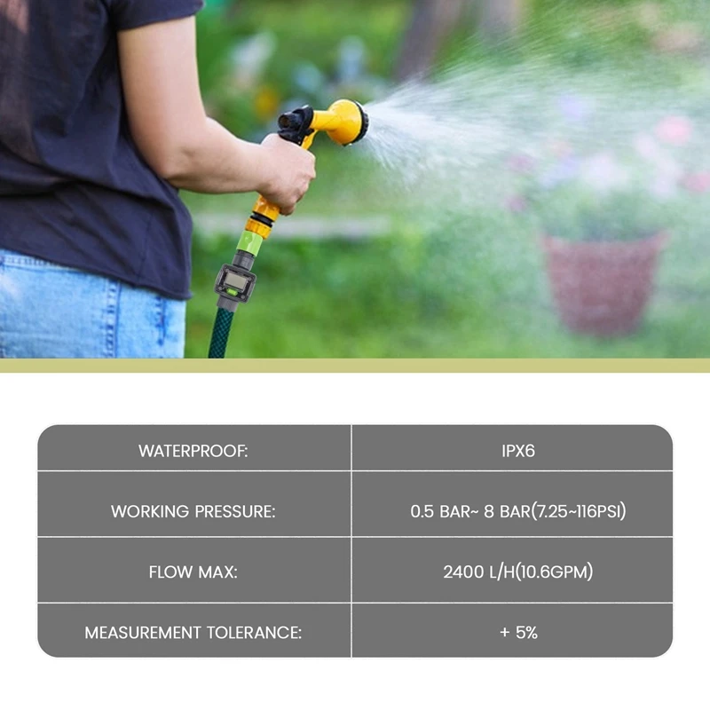 مقياس تدفق المياه الرقمي IPX6 خرطوم حديقة خارجي حساب المياه معدل تدفق المياه 3/4 بوصة موصلات الموضوع