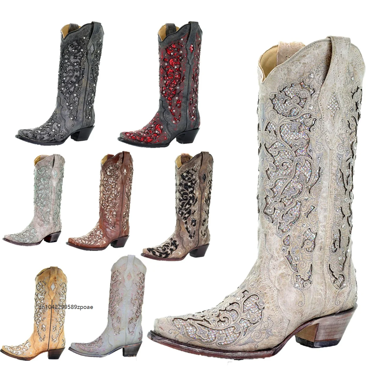 Ladies Luxury Rhinestone Embellished Cowboy Boots Retro Floral Cut Out Toe Mid Calf Boot Fashion British Style Festival Shoes
