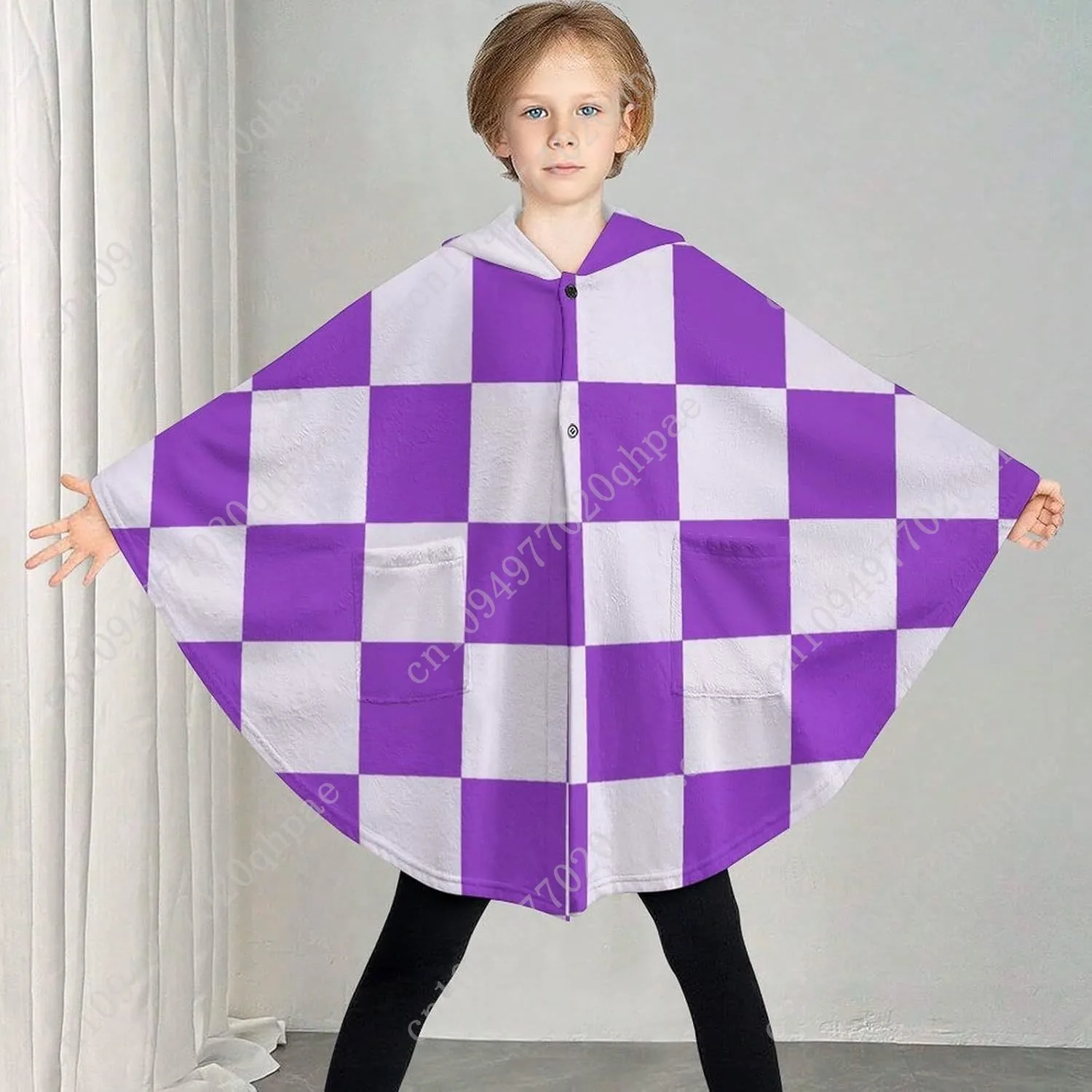 Comodo maglione coperta in flanella, felpa con cappuccio oversize a quadretti viola bianchi con tasche per bambini e adolescenti