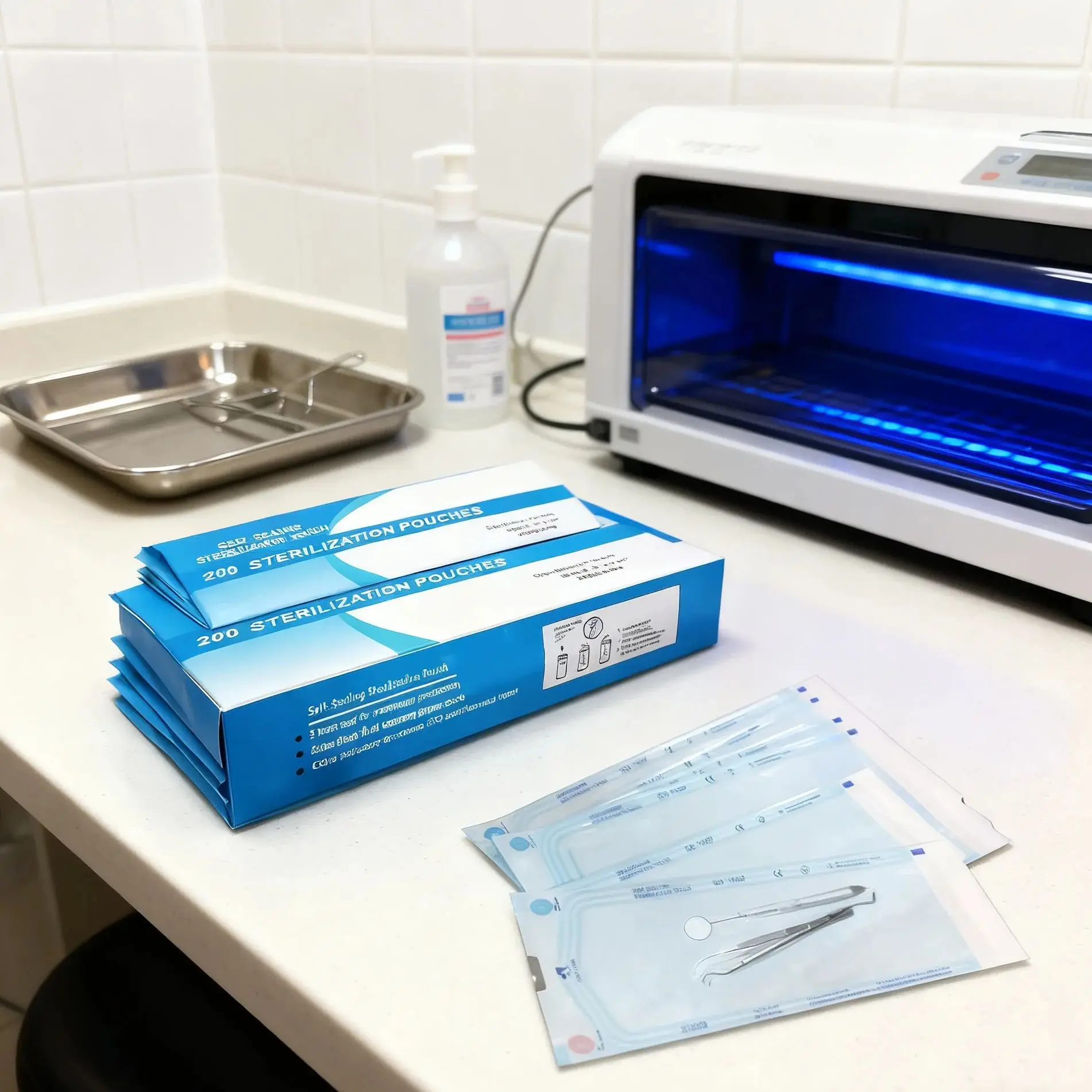 أكياس التعقيم الذاتي الختم 200 قطعة 135x290 مللي متر مؤشر تغيير اللون اللاتكس الحرة أكياس الأوتوكلاف الطبية للأسنان للأظافر