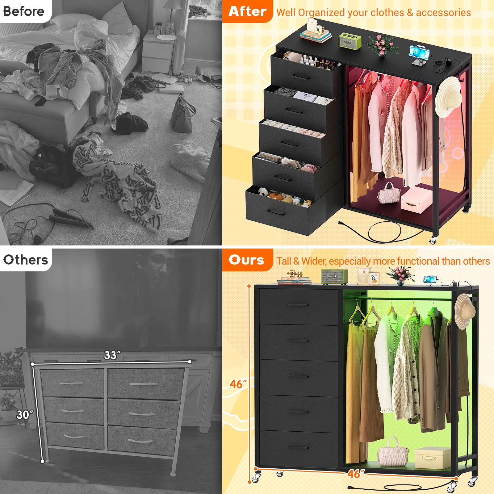 Aheaplus 5 Drawer Dresser with Hanging Rack, Fabric Dresser with Clothes Rack & Charging Station, Wooden Top Storage Chest with LED Lights & Lockable Wheels, Reversible for Bedroom Entryway – Black - view 5
