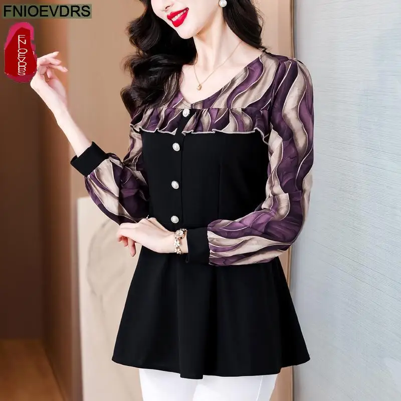 Retro Vintage Purple Ruffles Peplum Tops New Design Women 2024 Autumn Long Sleeve Sequined Tunic Button Shirts Blouses