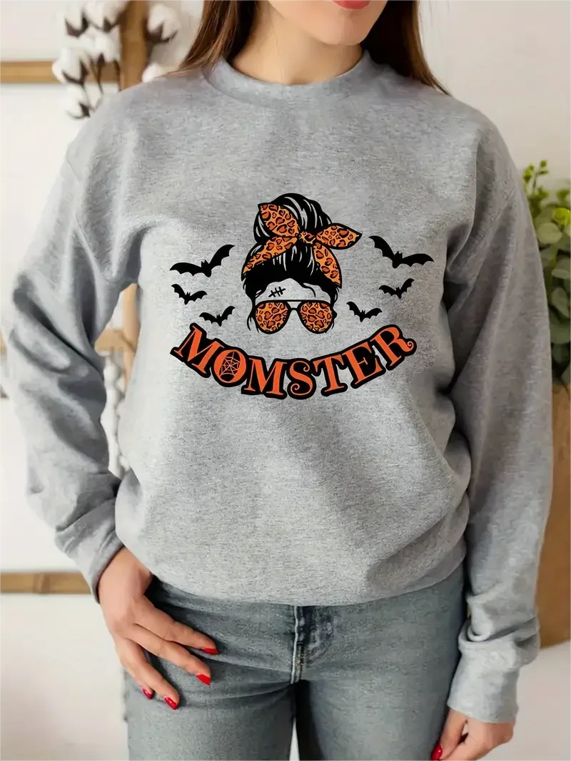 

Monster Print Casual Loose Long-Sleeved Sweatshirt, Pullover Crew Neck Sweatshirt, Women Clothing Winte