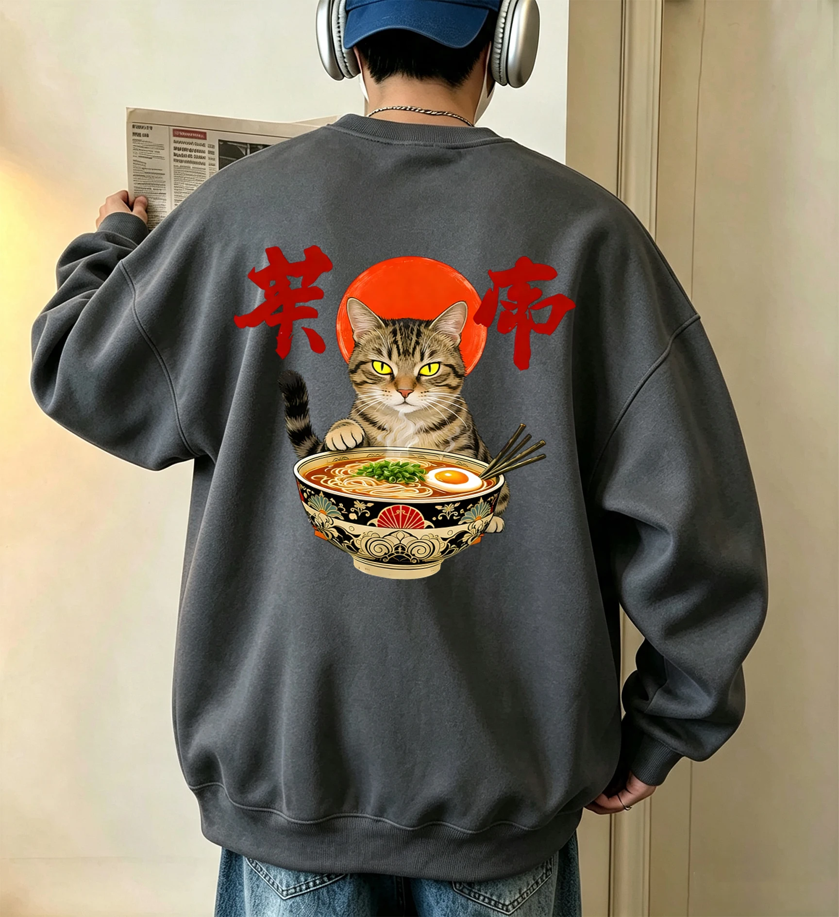Cat That Likes To Eat Noodles Pattern Mens All-Match Autumn Sweatshirts Casual Basics Clothing Fleece Fashion Office Tops