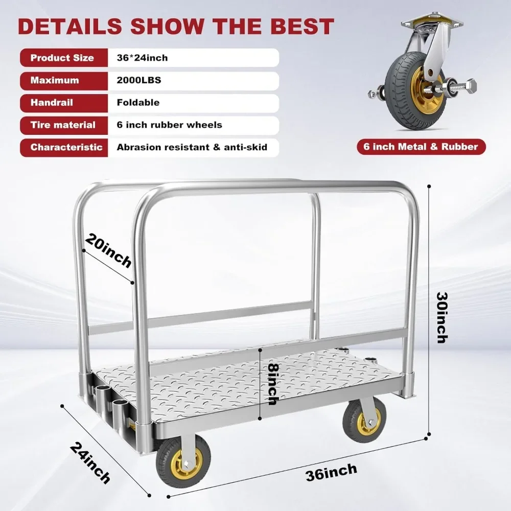 Platform lipat kereta Dolly cart mendorong troli Dolly Platform bergerak konstruksi berat besar Flatbed (2000LBS 2IN1 (36X24 inci)