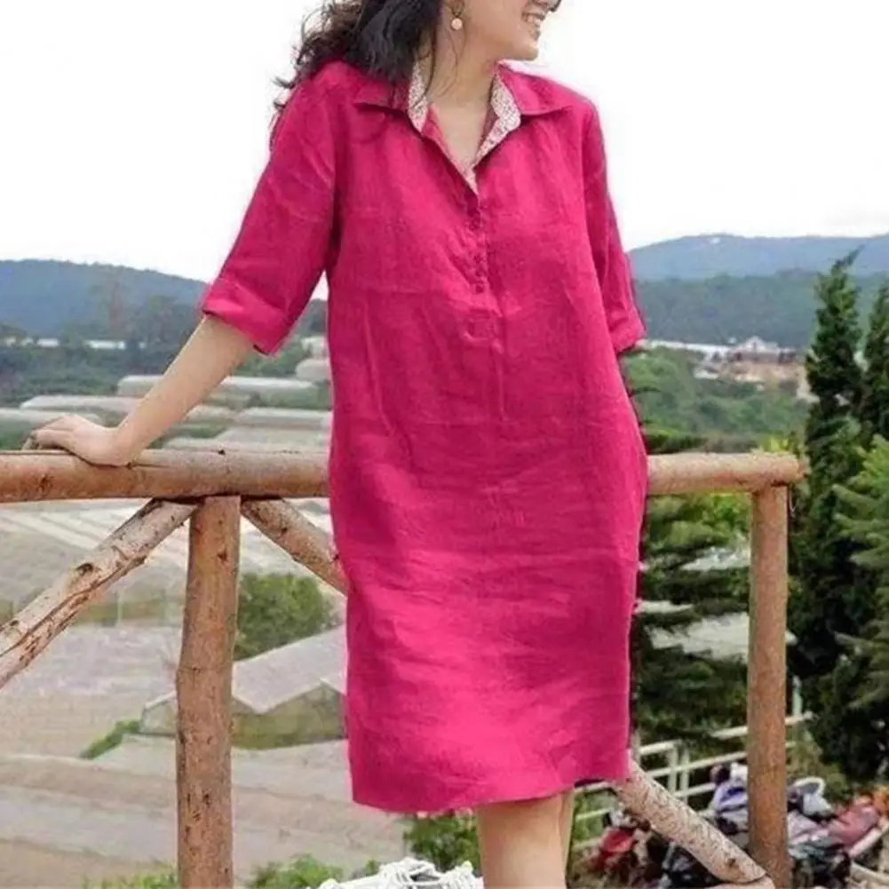 

Elegant lady Shirt Dress Retro Texture Solid Color Loose Dress Lapel V-neck Buttons Half Sleeve Summer Casual Vacation Dress