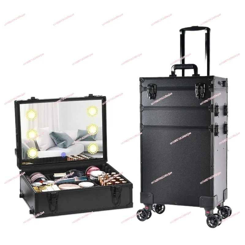 Professional makeup artist with lamp mirror trolley case Large capacity premium bridal cosmetics storage case