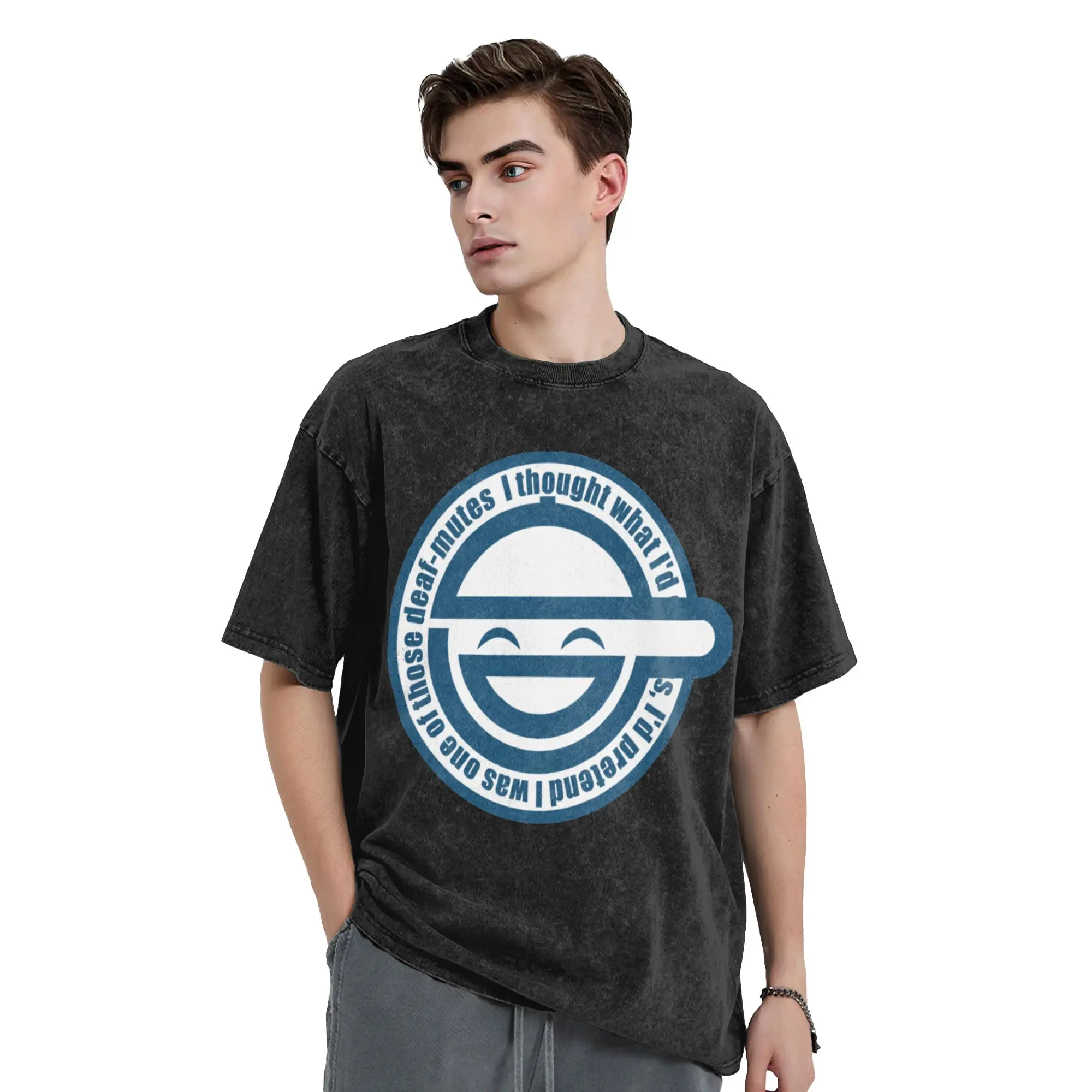 Novelty Laughing Man Ghost in The Shell Vintage Washed T Shirt Men's O-neck Short Sleeve Clothes  Cotton Summer Top Tee