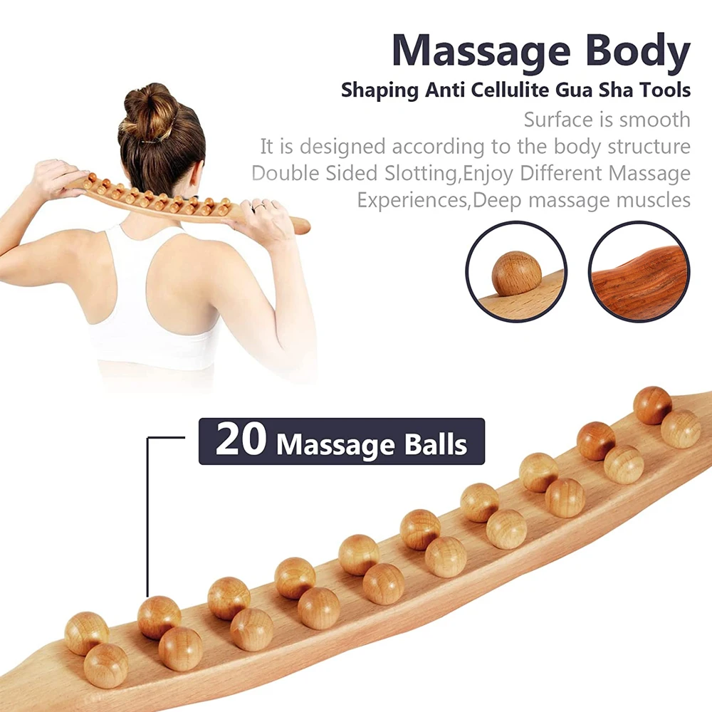 8/20 Beads Massager for Body Natural Carbonized Wood Scraping Massage Stick Back Massager SPA Therapy Tool Point Treatment Relax