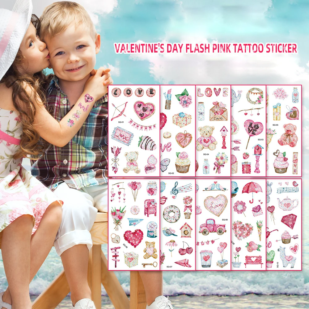 

10 Pack Fake Tattoo Stickers Valentine's Day Temporary Tattoos Arms DIY Body Art Cartoon Collection Red Heart LOVE Rose Flower