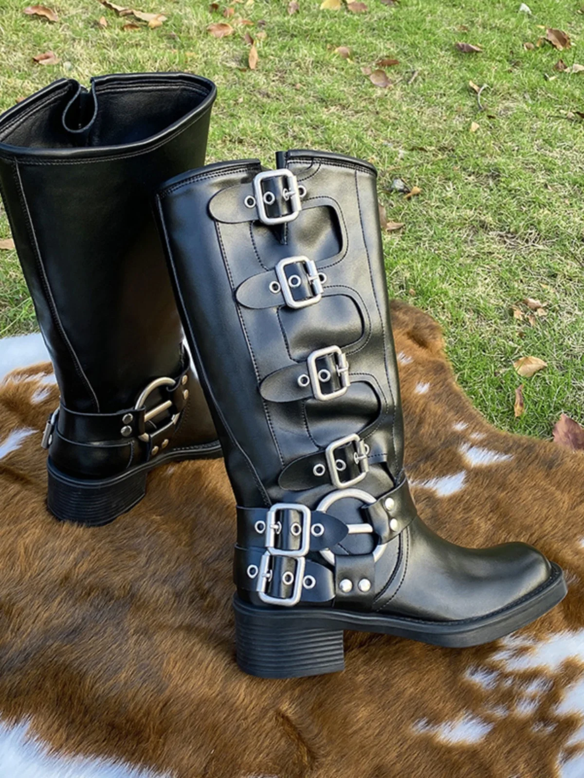 

Коричневые длинные сапоги-трубочки, женские весенне-летние сапоги до колена в стиле ретро, высокие сапоги в стиле вестерн Knight Faion с поясом, синие высокие сапоги