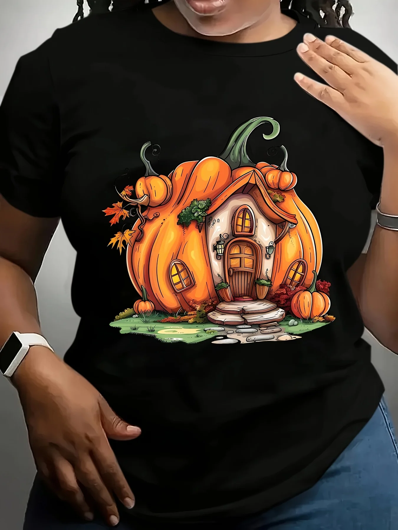 Camiseta de calabaza de Halloween para mujer, camiseta gráfica Spooky Jack-O'-Lantern & House, camiseta suave de manga corta con cuello redondo para Halloween