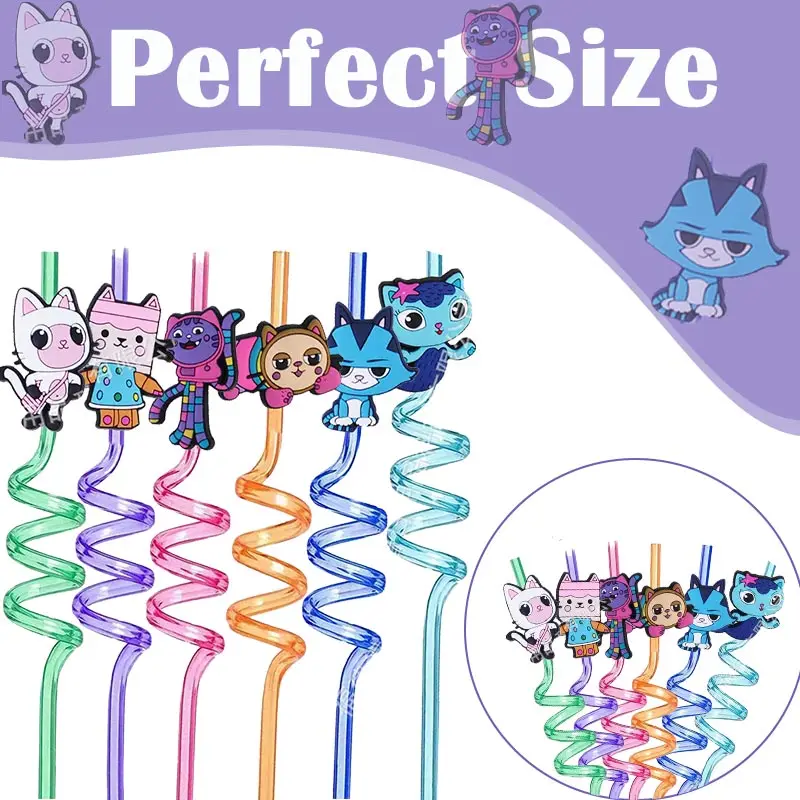 8Pcs Gabby Dollhouse Straws For Children Gabby Cat Theme Reusable Straws Birthday Party Supplies Baby Shower Holiday Gifts Toys