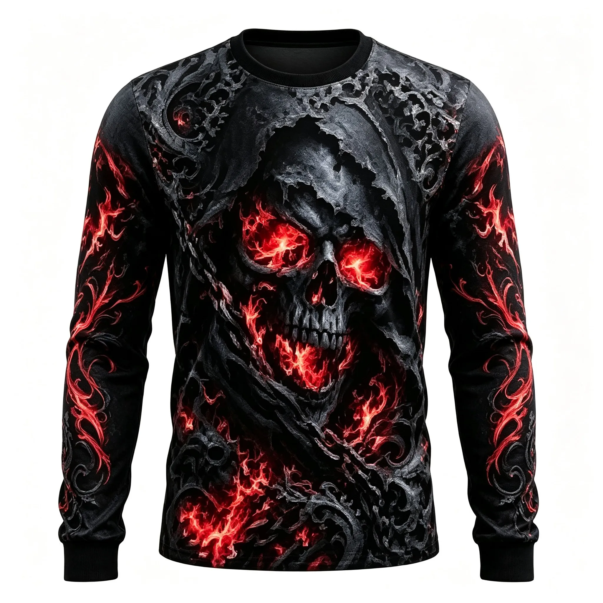 Men's Long Sleeve T-Shirt Grim Reaper Skull Flame 3D Print Gothic Halloween Crew Neck Casual Top