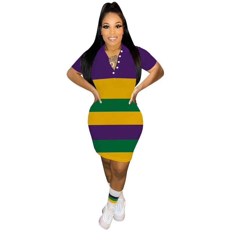 Elegante senhora contraste cor listrado vestido impresso 2025 verão feminino manga curta turn down collar bodycon casual t camisa vestido