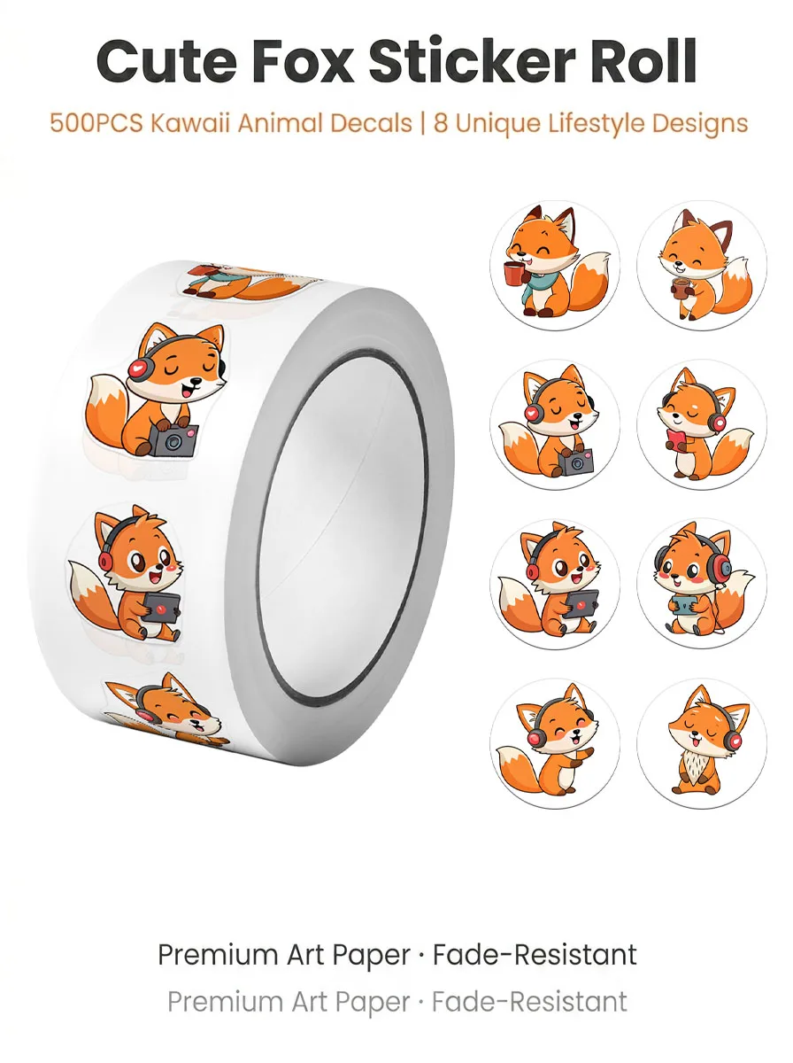 1Roll(500Pcs) Cute Listening Music Playing Game Cool Foxes Stickers 2.5cm/1.0'' 8 Designs Decals Diy Adorn Gifts Packing Labels