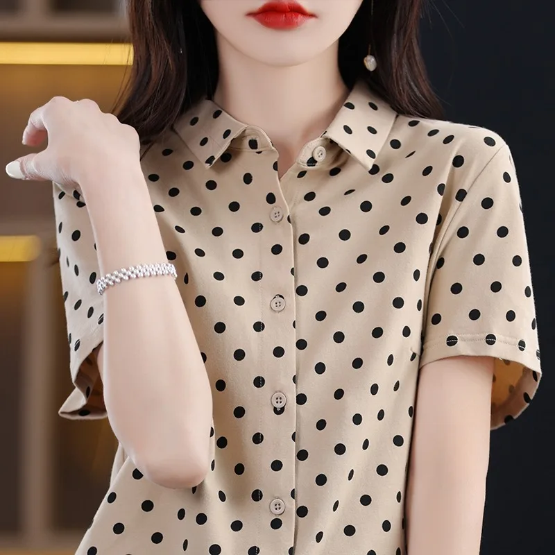 

Summer 2023 Women's Polka Dot Pure Cotton Shirt Short Sleeve Collar Slim Fit Base Layer Top Korean Style Commute Fashion