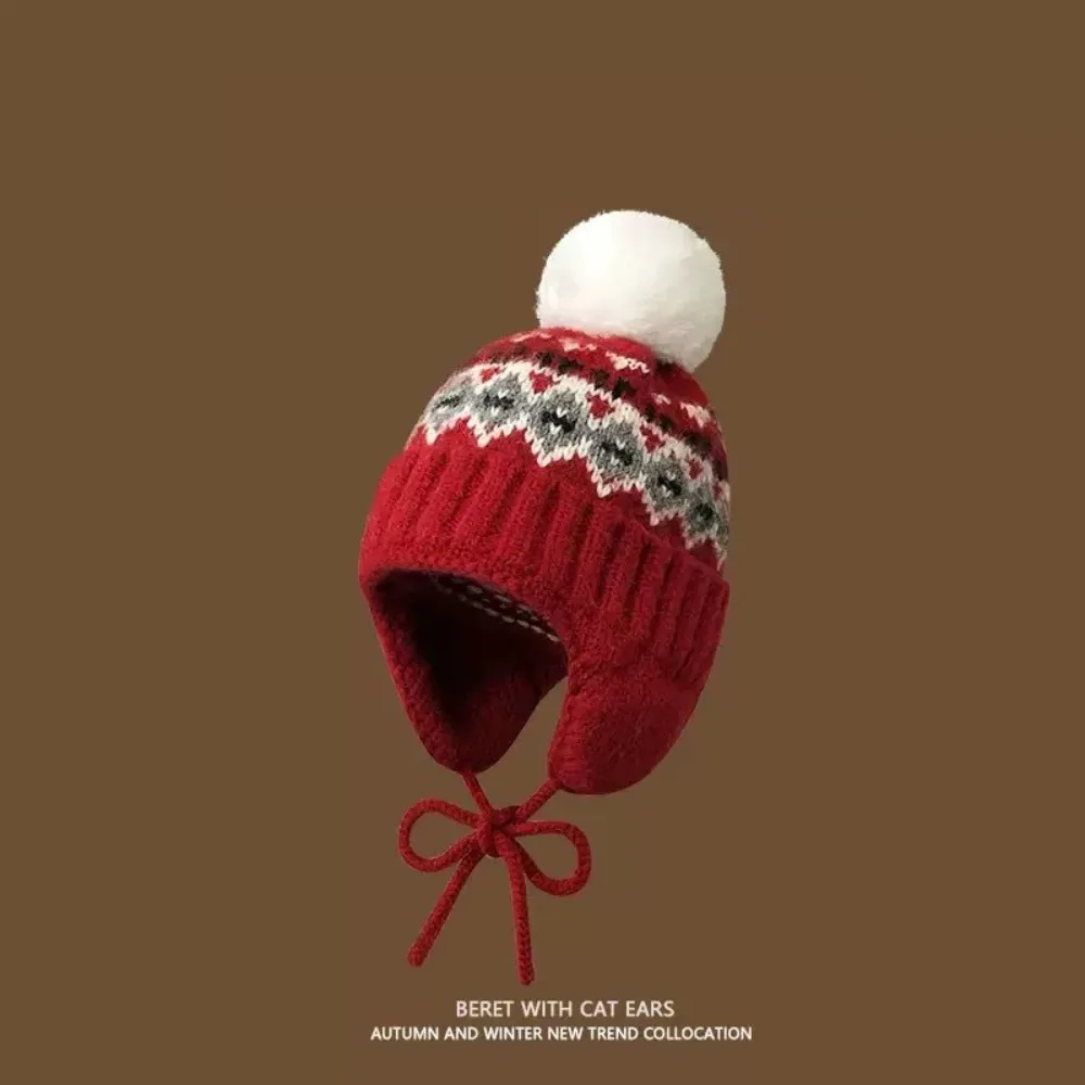 

Cute Warm Jacquard Knitted Hat Printed Wool Fair Isle Style Beanies Korean Retro Ear Protection Hat Outdoor
