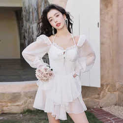 Korean ins Goddess Fan swimsuit Women's conservative skirt style one-piece long-sleeved belly covering thin hot spring swimsuit