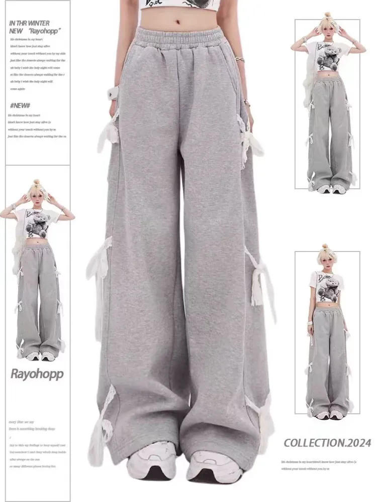 Women\'s Grey Lace Lace-up Pants Vintage Y2k Harajuku 90s Aesthetic Sweatpants Retro High Waist Wide Trousers 2000s Clothes 2024