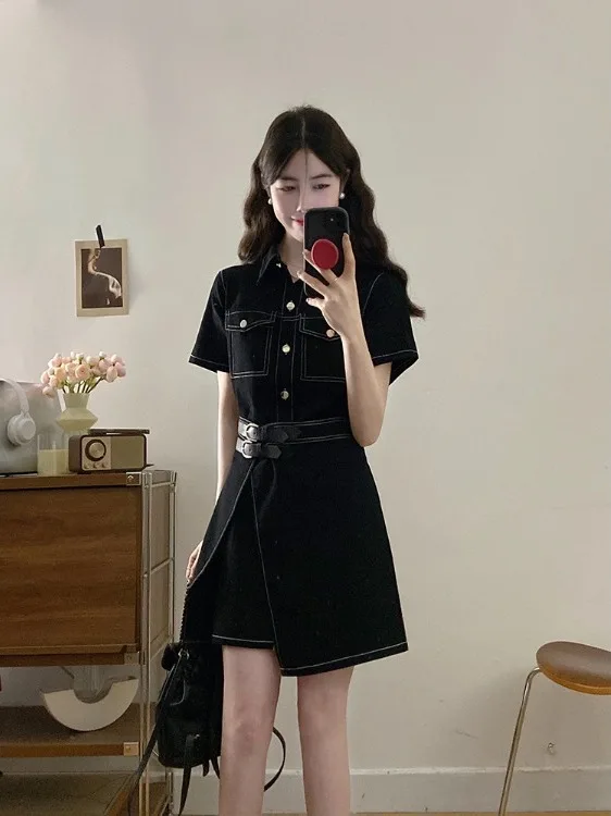 

plus Size Retro Short Sleeve Denim Dress Hong Kong Style Slimming A-Line Skirt High Waist One-Piece Commute Style Summer...