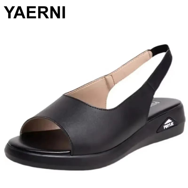 

2025 Genuine Leather Platform Sandals Summer Women Fashion Strap Korean Flat Shoes Ladies Apricot Black White Peep Toe Sandals