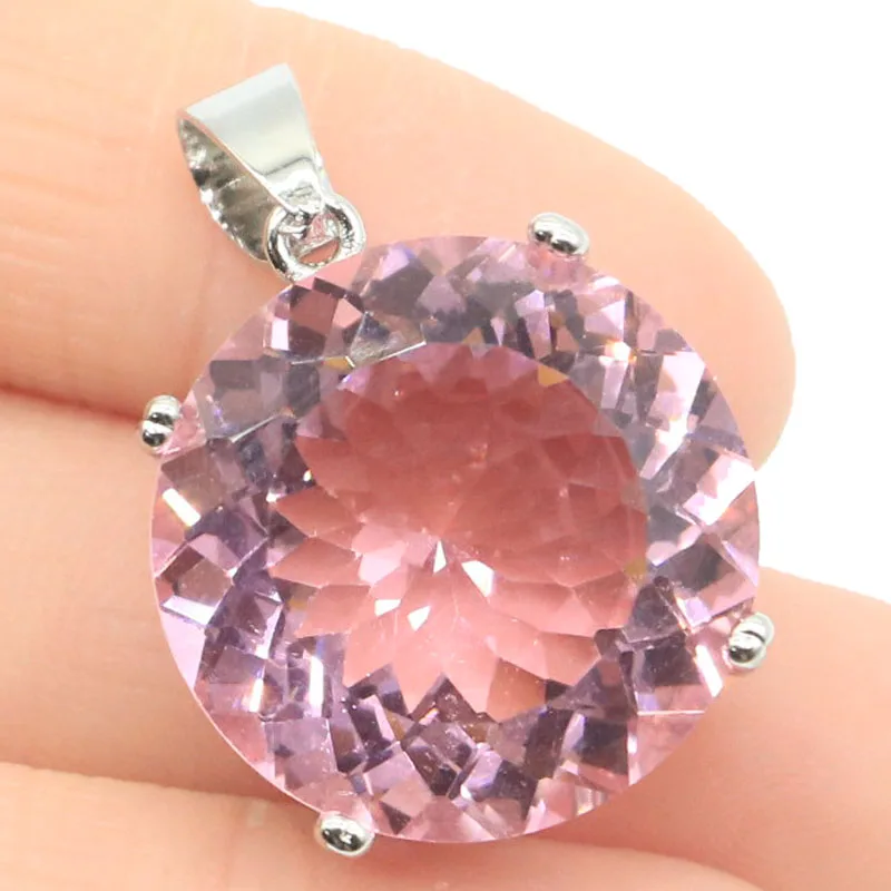 35x20mm Big European Design Round 16g 20mm Pink Kunzite CZ Women Dating Silver Earrings Pendant