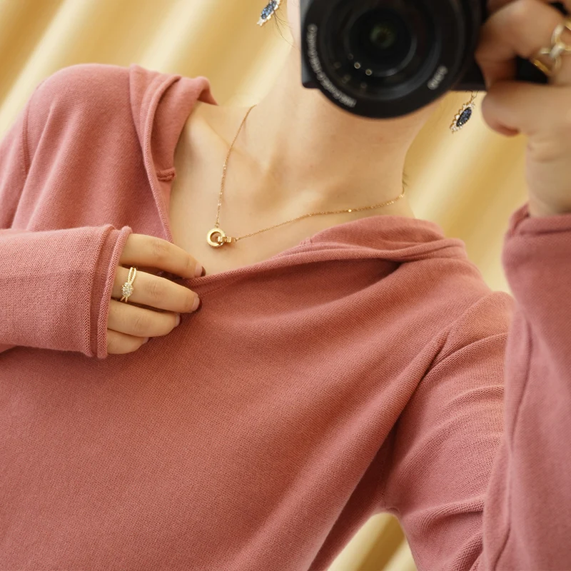 

100% Cotton Long Sleeve Knitted Hat Women's Loose Casual Outerwear Hoodie Korean Style Comfortable Breathable Color