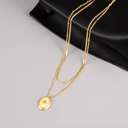 Waterproof Not Fade Steel Gold-plated Double-layer Women Necklace Oval Hexagram Pendant Autumn Winter Mid-length Sweater Chain