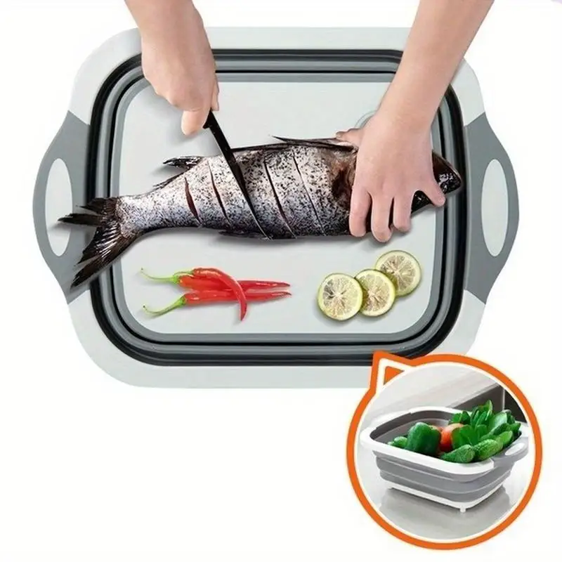 Tabla de cortar plegable multifunción 3 en 1 con cesta de drenaje, tabla de picar y organizador de almacenamiento para cocina (1 unidad)