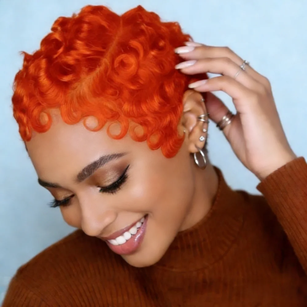 

Парик из натуральных волос Ginger Orange C Part Pixie, короткий кудрявый парик с кружевной передней частью 13x4, с предварительно выщипанной линией роста волос, для женщин на каждый день