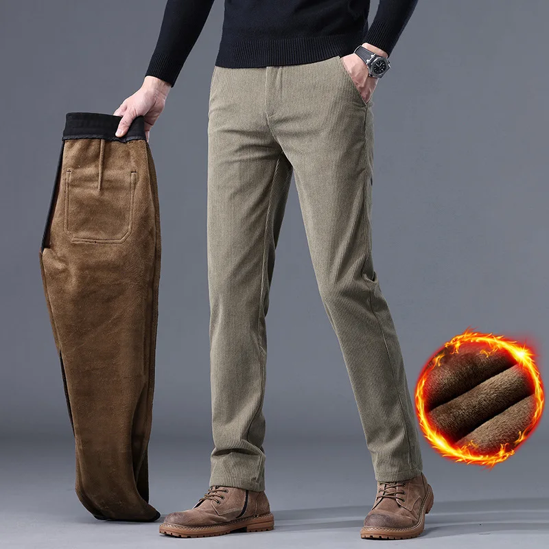 Hombre pana polar grueso cálido trabajo negocios clásico caqui 2025 nuevos pantalones de invierno hombres recto pierna delgada pantalones casuales ropa