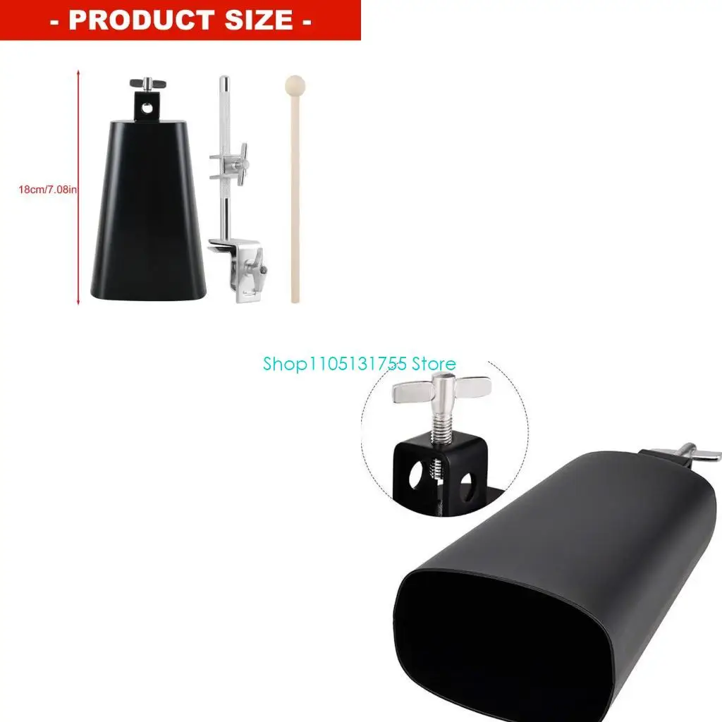 K0EF Drum Cowbell Set with Adjustable Clamp Mount and Wooden Stick, 7 Inch Metal Percussion Bell Accessory for Rhythm Practice,
