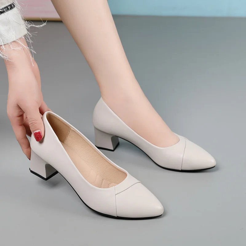 Women Soft Shallow Mouth Mid Heel Office Pumps PU Leather Solid Square Heeled Spring Autumn Pointed Toe Soft Bottom Loafers