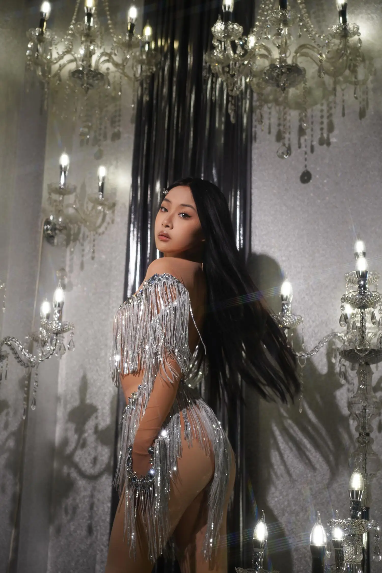 Sparkly Silver Rhinestones Sequins Fringes Transparent Bodysuit Birthday Celebrate Costume Prom Party Show Sexy Jumpsuit Weixiao