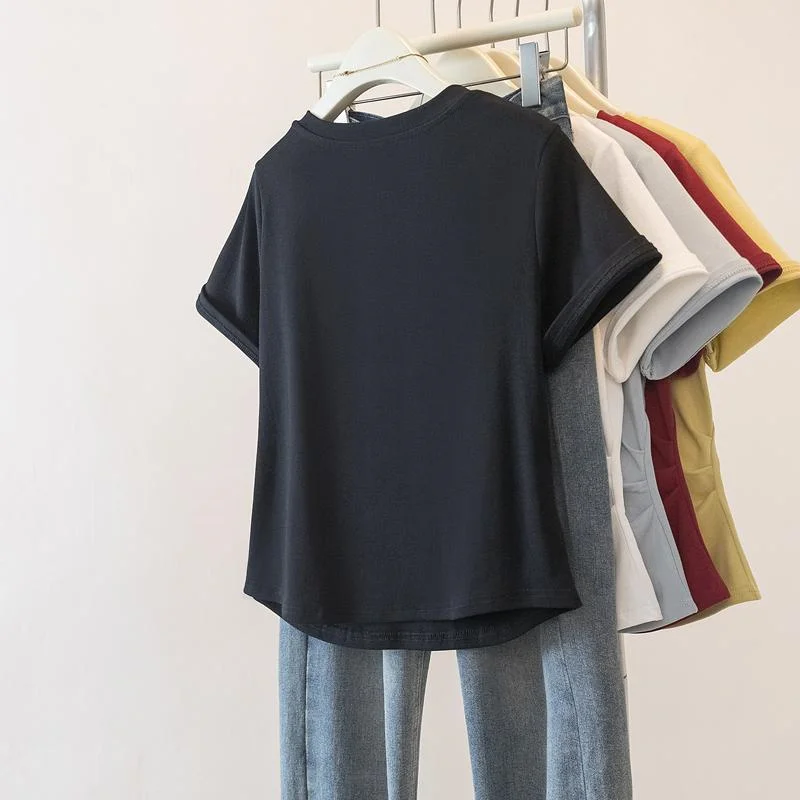 Summer Female V Neck Shirt Tops Coat Spring Ladies Large Size 4XL Loose Blouse French Women Short Sleeves Regular Shoulder T-shi - view 6