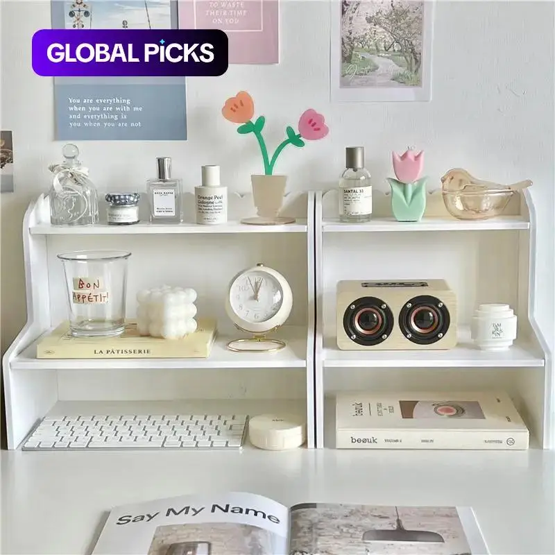 2-Tier Desktop Organizer Shelf Double Layer Storage Rack Multi-Functional Desk Accessories Makeup Cosmetic Holder Space Saving Stationery Stand for Student Dormitory Home Office Table Workspace Organization