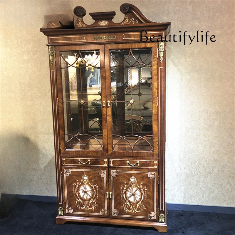 English Solid Wood Wine Cabinet Dining Side Cabinet Copper Piece English Furniture Villa Double Door Wine Cabinet