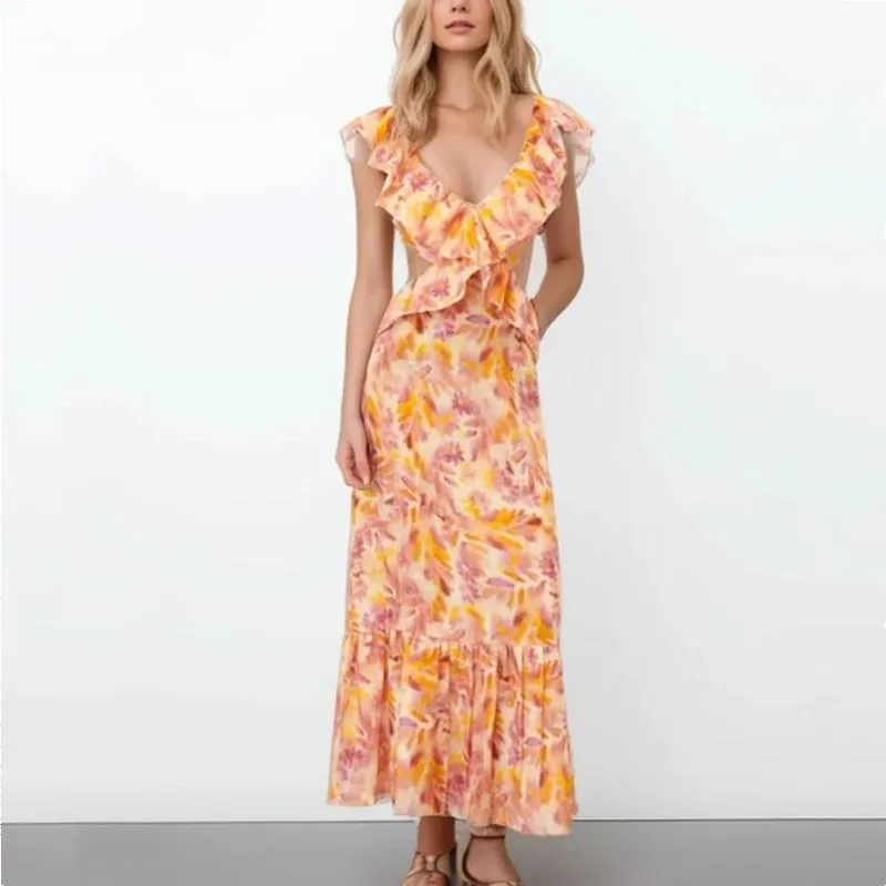 Robe Longue à Imprimé Floral pour Femme, Bretelles en Bois, Dos aux, Précieux, Ajourée, Laçage, Nministériels d dans le Dos, Tenue de Soirée, à la Mode, 2024
