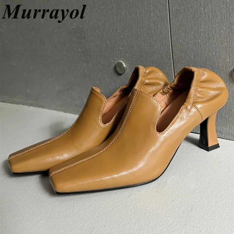 New Square Toe Genuine Leather Pumps Women Wrinkle Design Hight Heel Sandals Spring Summer Party Dress Shoes Retro Single Shoes