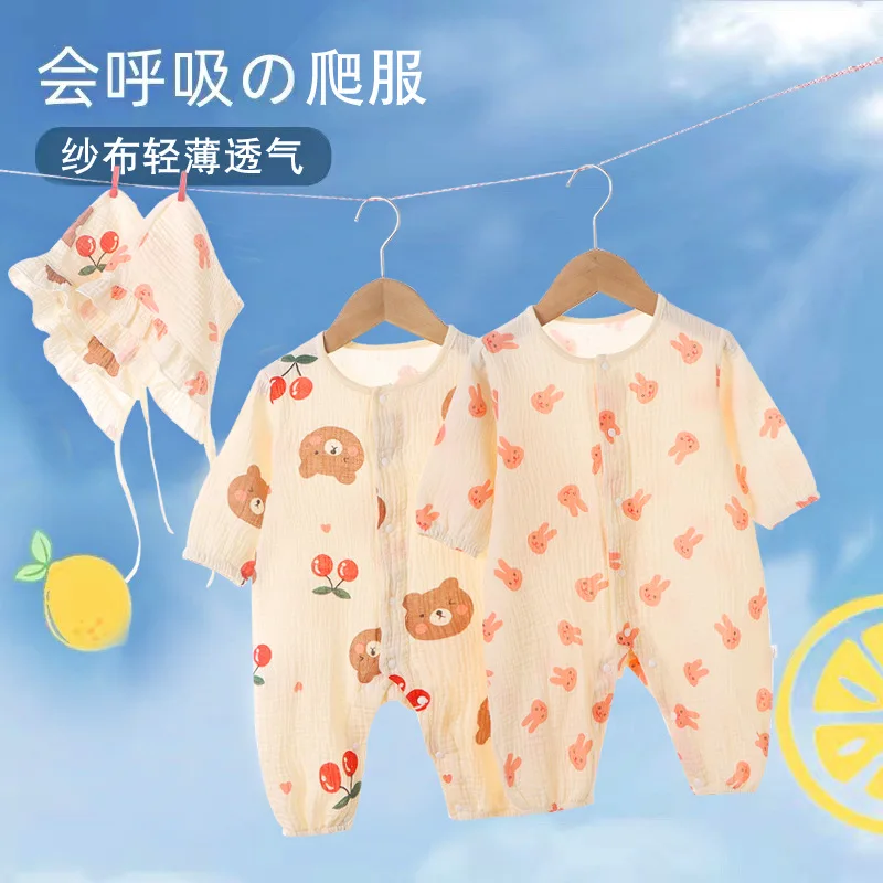 

Jenny&Dave New 2023 Spring/Summer Baby Romper Newborn Gauze Bodysuit Baby Cap Cotton Creeper Two Piece Set for Children