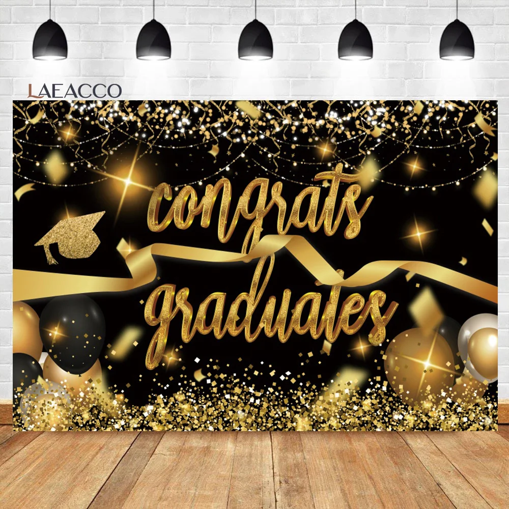 

Laeacco Gold and Black Congrats Grad Backdrop Golden Stars Balloons Trencher Cap Prom Party Customized Photography Background