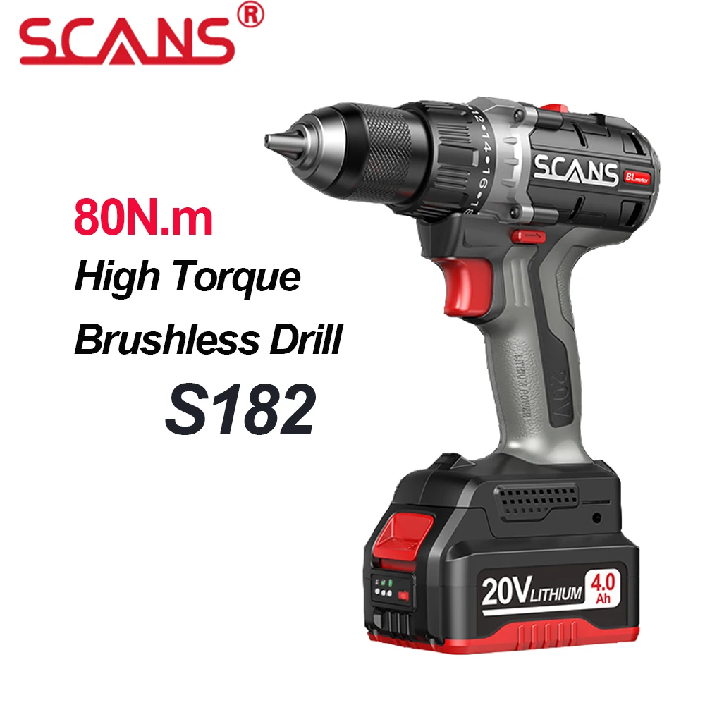 

SCANS 20V Brushless Lithium Cordless Drill Electric Drill S186 High Torque 80N.m Ice Drill Planting Drill Power Tools