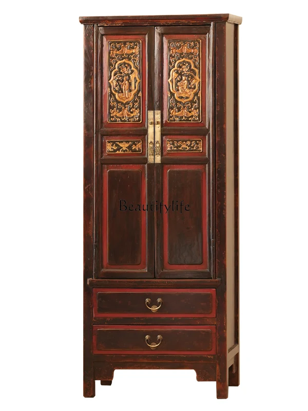 

Chinese retro solid wood carving flower wine cabinet living room wall storage cabinet